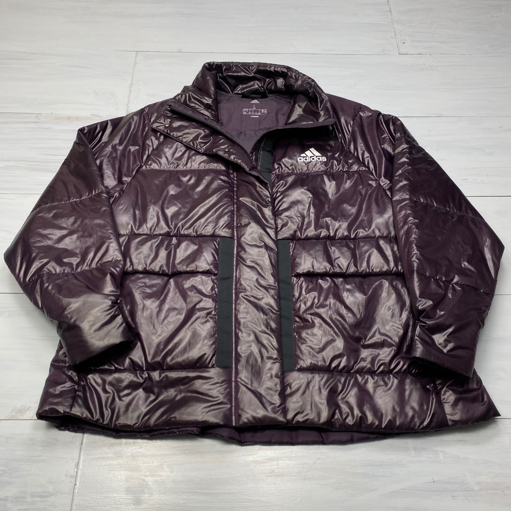 Adidas Puffer Jacket Womens L Purple Metallic Quilted Full Zip Winter Coat